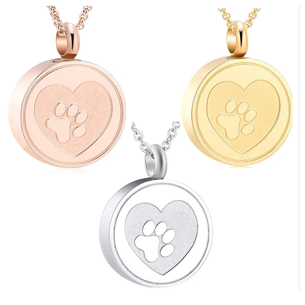 Pet Paw Print Heart Cremation Urn Locket Necklace Hold Dog/Cat Ashes Casket Stainless Steel Keepsake Jewelry