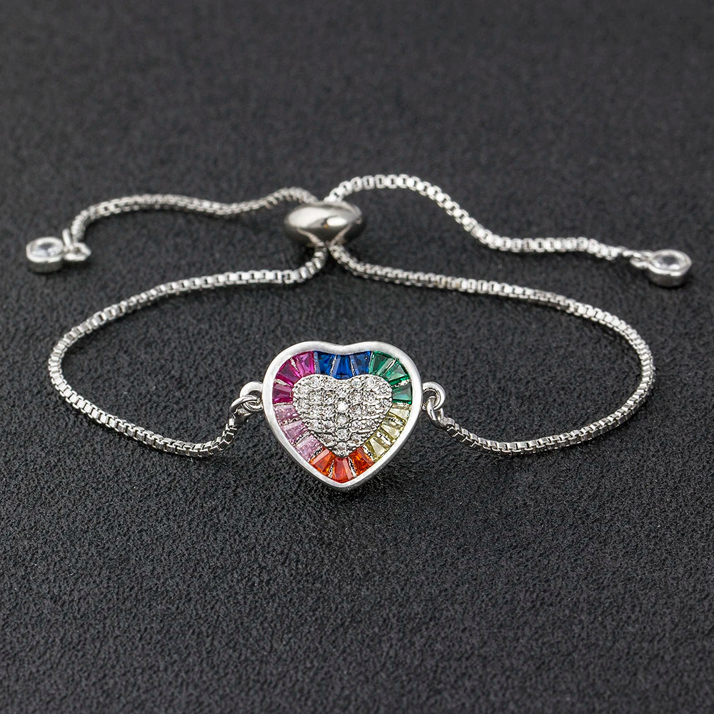 AIBEF Hot Sale Fashion Lovely Heart Rainbow Adjustable Bracelet Bangle Cubic Zircon Chain Bracelet Women Jewelry Birthday Gifts