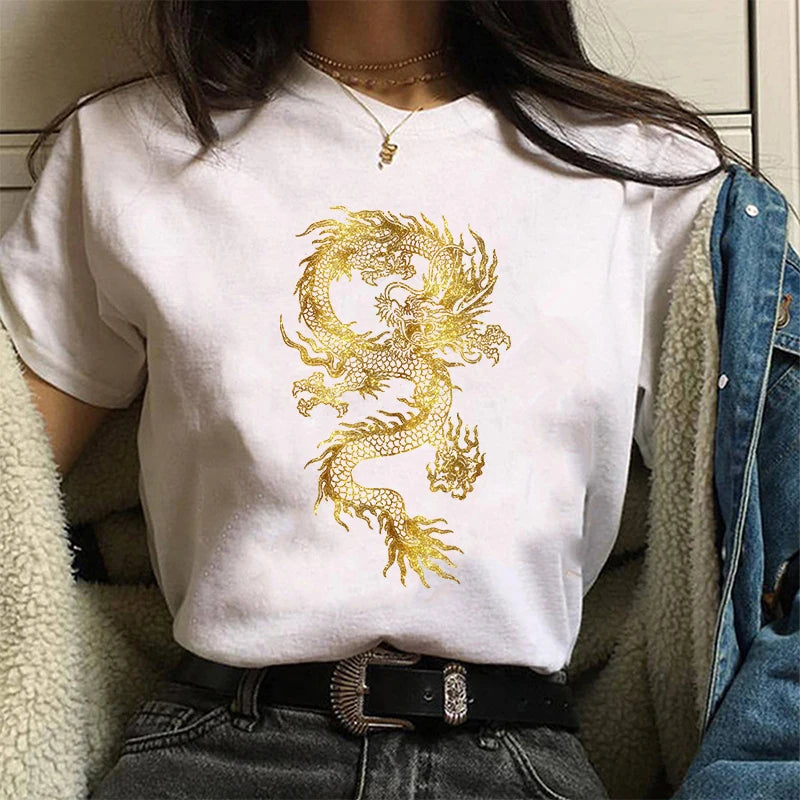 Women's Chinese Dragon Print T-shirt 2020 Summer Fashion Short Sleeved T-shirt Graphic Cute Tee,Drop Shi