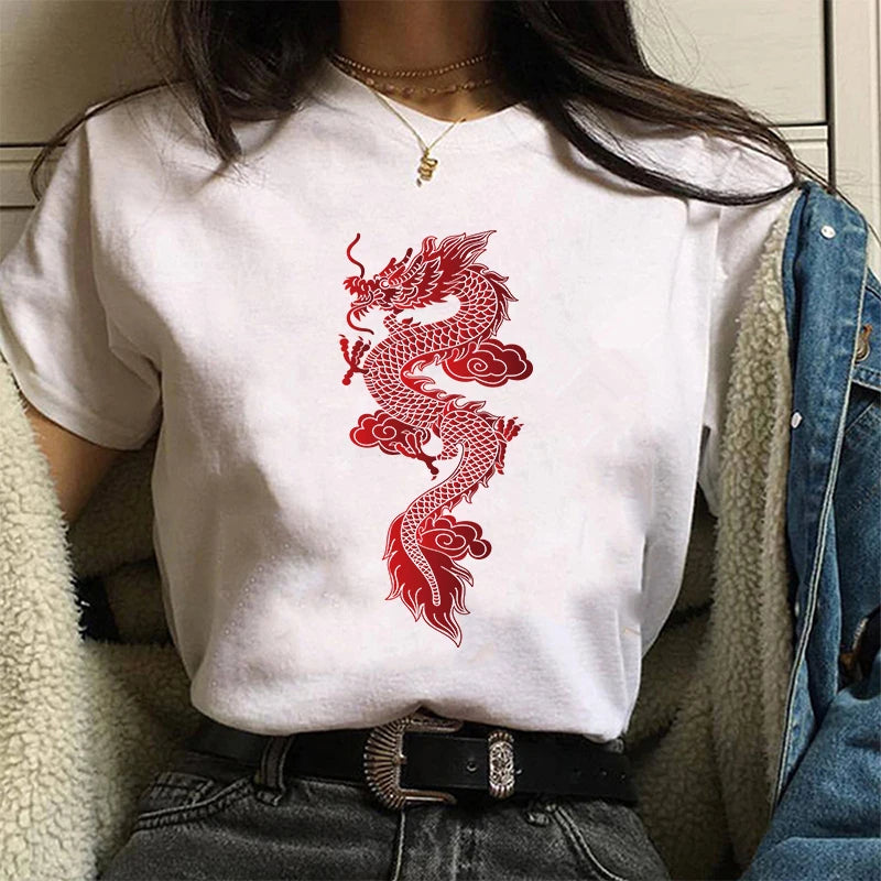 Women's Chinese Dragon Print T-shirt 2020 Summer Fashion Short Sleeved T-shirt Graphic Cute Tee,Drop Shi