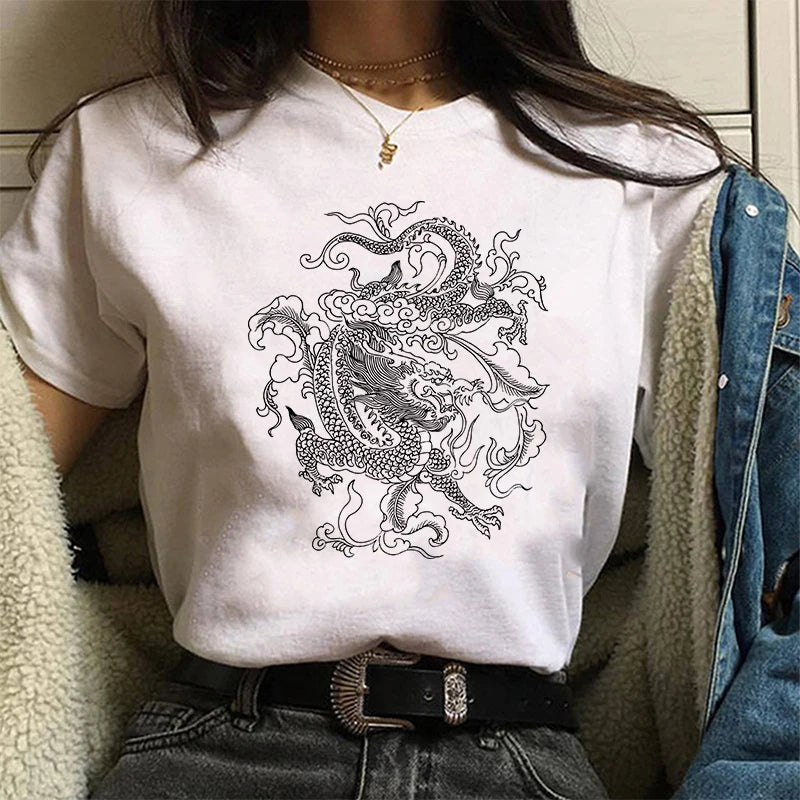 Women's Chinese Dragon Print T-shirt 2020 Summer Fashion Short Sleeved T-shirt Graphic Cute Tee,Drop Shi