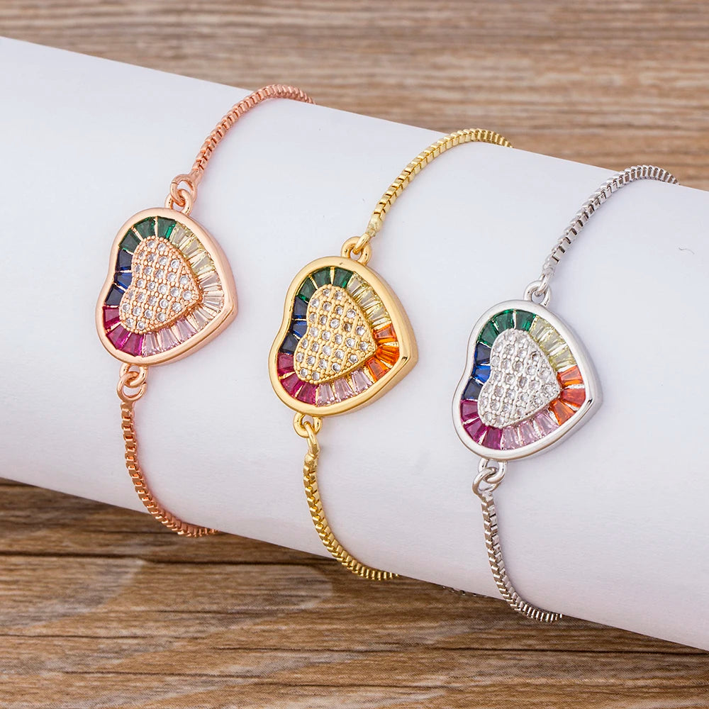 AIBEF Hot Sale Fashion Lovely Heart Rainbow Adjustable Bracelet Bangle Cubic Zircon Chain Bracelet Women Jewelry Birthday Gifts