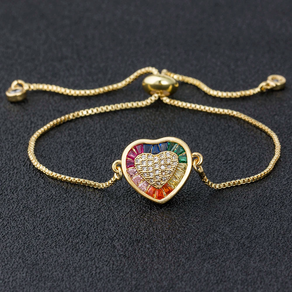 AIBEF Hot Sale Fashion Lovely Heart Rainbow Adjustable Bracelet Bangle Cubic Zircon Chain Bracelet Women Jewelry Birthday Gifts