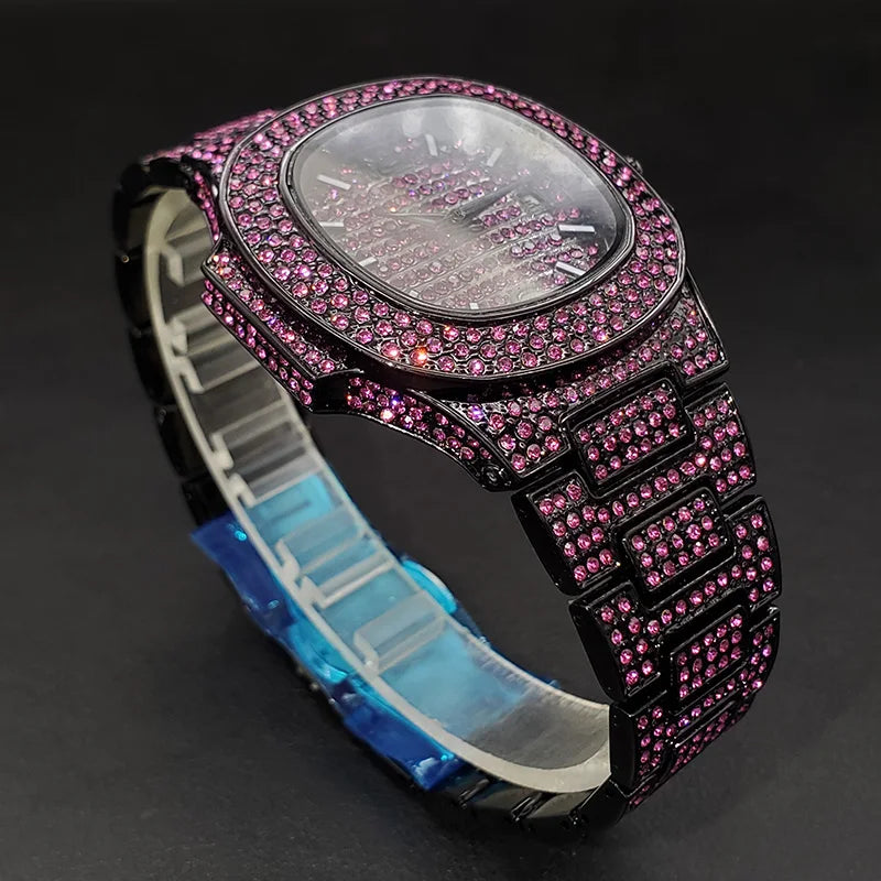 New Pink dDiamond Hip Hop Watch For Men Fashion Ice Out Party Jewelry Wristwatch Luxury Shiny Gem Accessories Watches Trendy 202