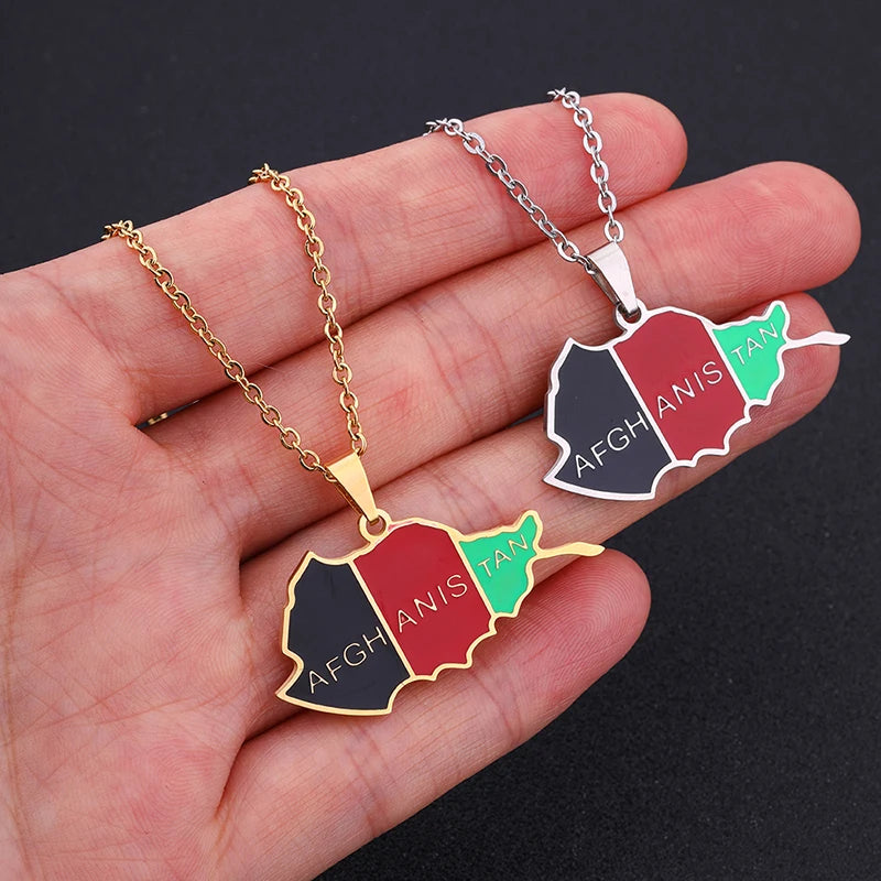 Stainless Steel Afghanistan Map Flag Pendant Necklaces for Afghan Men Women Gold/Steel Color Ethnic Maps Jewelry Gifts