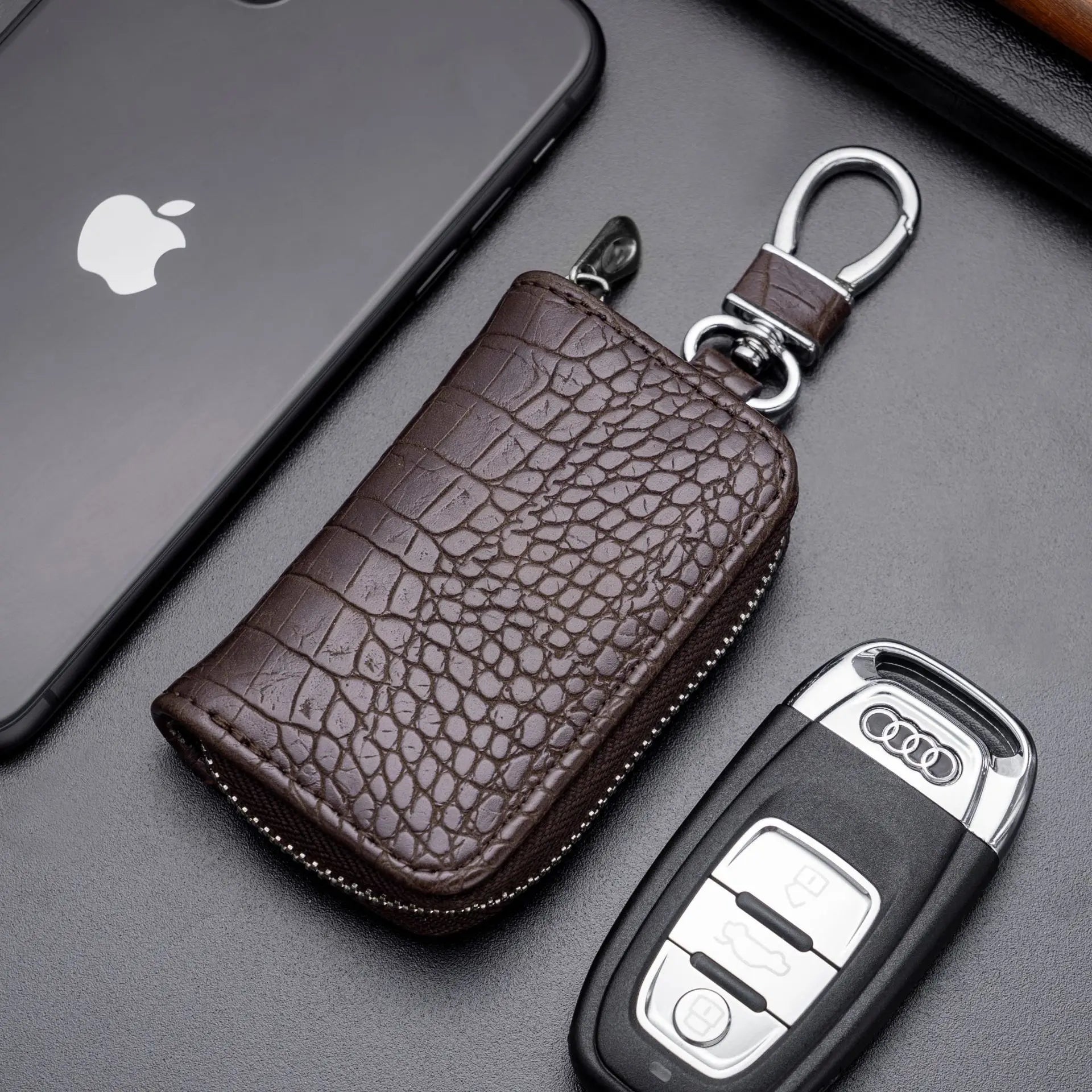 Fashion Leather Car Key Bag Unisex Crocodile Print Zipper Keys Housekeeper Cow Split Leather Key Organizer Case Wallet Men