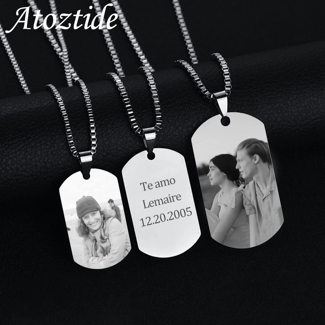 Atoztide Personalized Customized Name Photo Square Rectangle Pendant Necklace for Women Men Men Stainless Steel Jewelry Gift