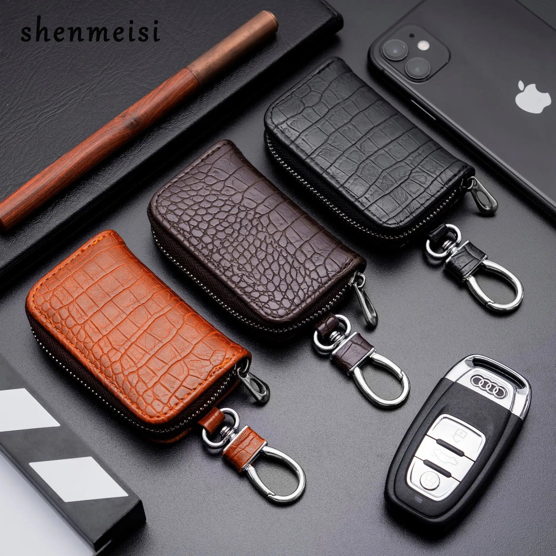 Fashion Leather Car Key Bag Unisex Crocodile Print Zipper Keys Housekeeper Cow Split Leather Key Organizer Case Wallet Men