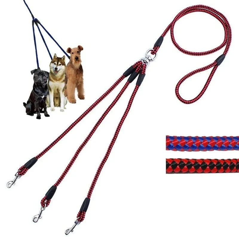 Adjustable Nylon 3 Way No-Tangle Triple Couple Pet Dog Walking Leash Lead with Padded Soft Handle Breakaway 3 Heads Lead Leash