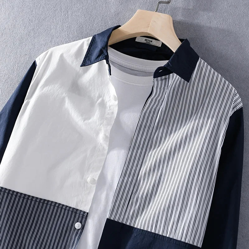 Men Clothing 2022 Men's Long-sleeved Shirt New Trendy Color Matching Cotton Shirt Casual Fashion Youth Striped Lapel Top