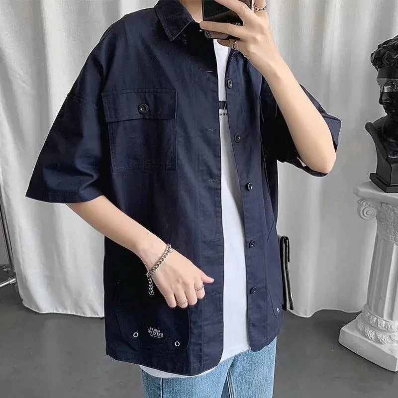 Elegant Fashion Shirts Loose Solid Patchwork Casual Turn-down Collar Short Sleeve Pockets Spring Summer Thin Men's Clothing 2023