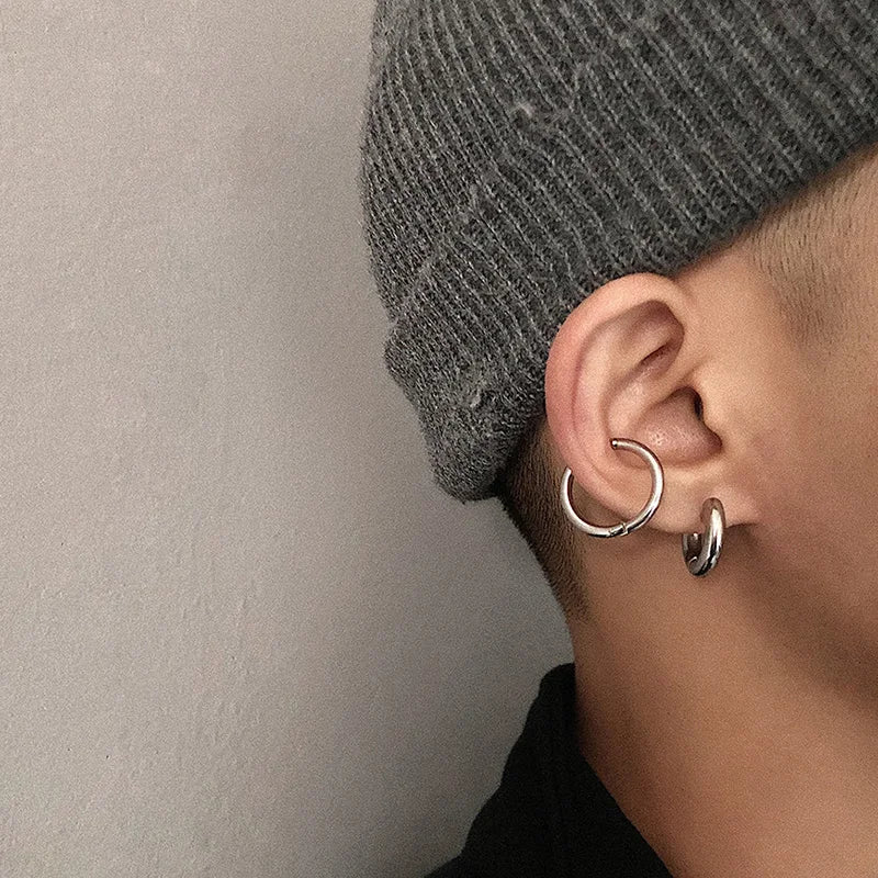 Men' s Earrings Stainless Steel Chunky Hoop Earrings For Man Round Circle Ear Hoops Punk Hip Hop Jewelry Couple Accessories