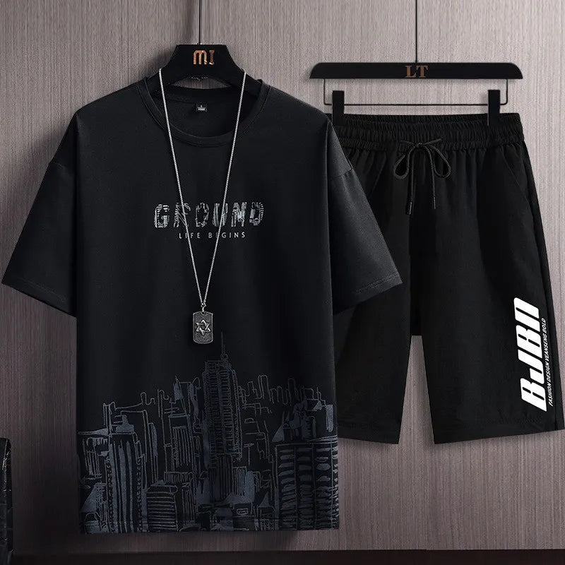 2023 Summer New Men's Classic Fashion Short Sleeve T-shirt Suit Men's Casual Loose Comfortable High-Quality Two-Piece Set M-5XL