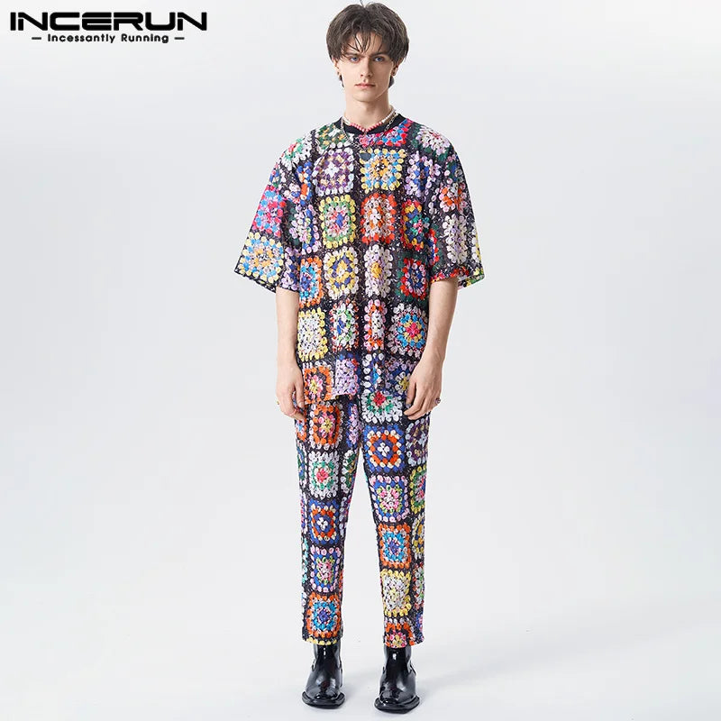 2023 Men Sets Printing Lace Transparent Oversize O-neck Half Sleeve T Shirt & Pants 2PCS Sexy Fashion Men's Casual Suits INCERUN