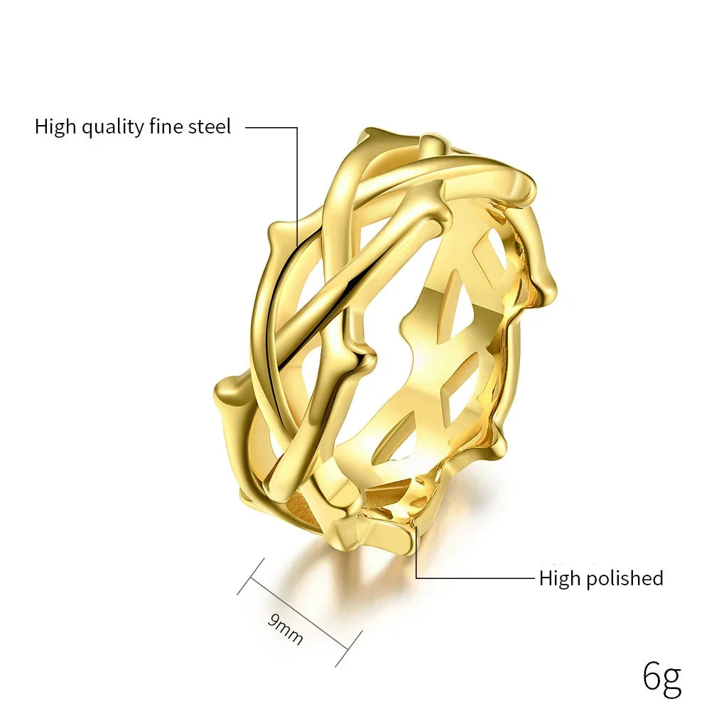 9MM Men Ring Thorn Vine Stainless Steel Rings Fashion Finger Gift for Male Him Anniversary Birthday Jewelry