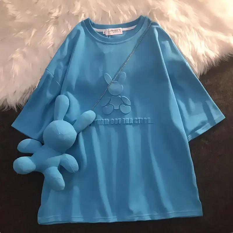 DAYIFUN Solid Half-sleeve T-shirts 2024 Summer New Blue Tshirts with Rabbit Women's Medium Length Short Sleeve Loose Top Tees