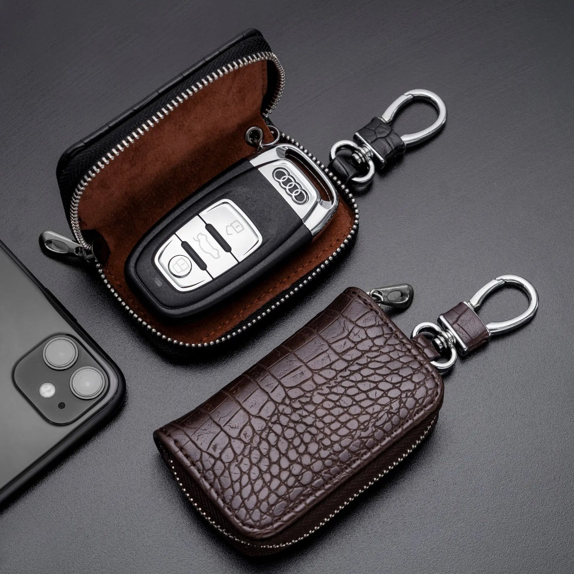 Fashion Leather Car Key Bag Unisex Crocodile Print Zipper Keys Housekeeper Cow Split Leather Key Organizer Case Wallet Men