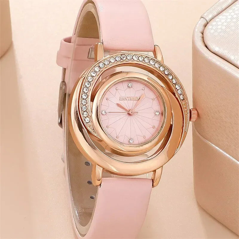 5pcs Dainty Quartz Watch With Jewelry Set Fashion Round Women Watch Rhinestone Necklace Earrings Ring Set