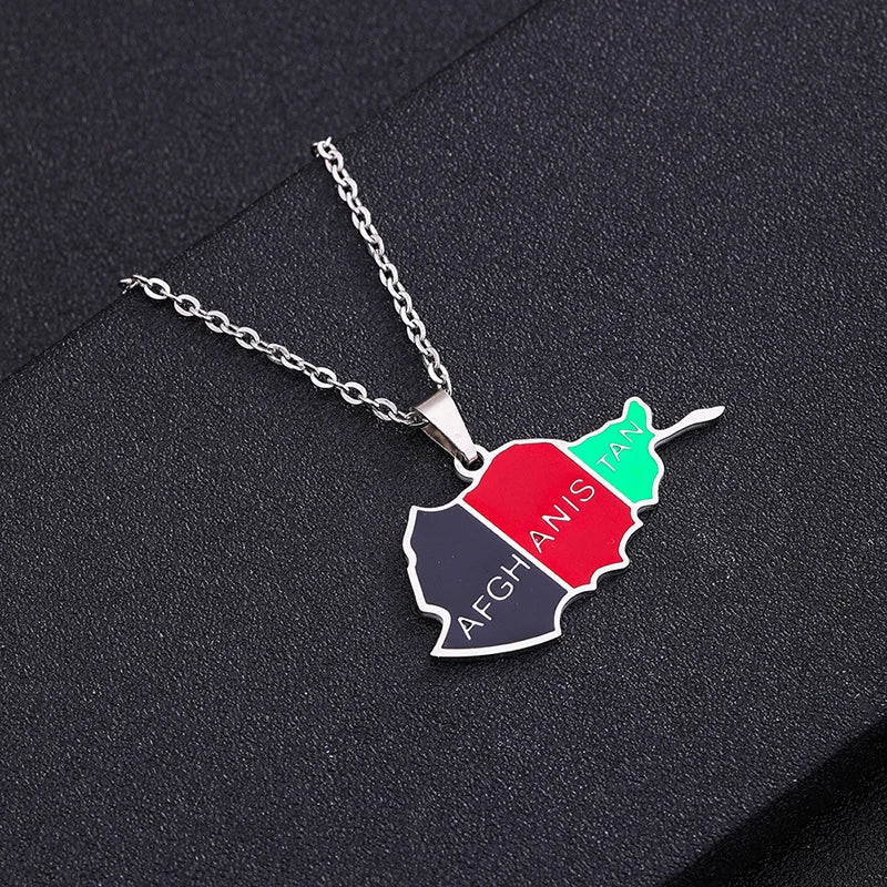 Stainless Steel Afghanistan Map Flag Pendant Necklaces for Afghan Men Women Gold/Steel Color Ethnic Maps Jewelry Gifts