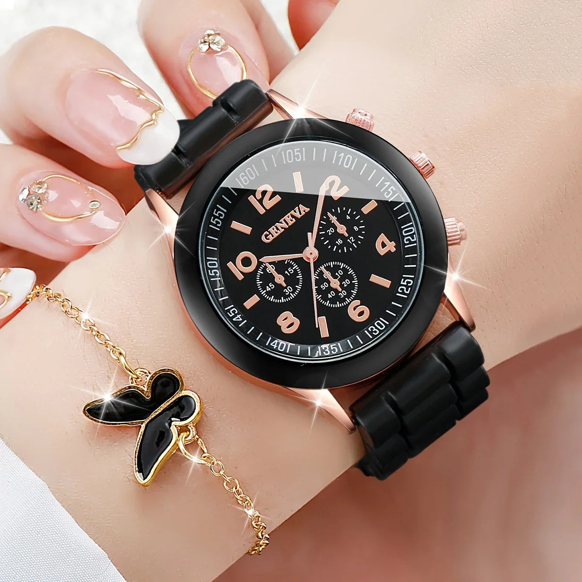 "Butterfly Charm" Elegant Women'S Watch & Jewelry Set - 6 Pieces, Quartz Movement, Silicone Band, Perfect Gift For Her