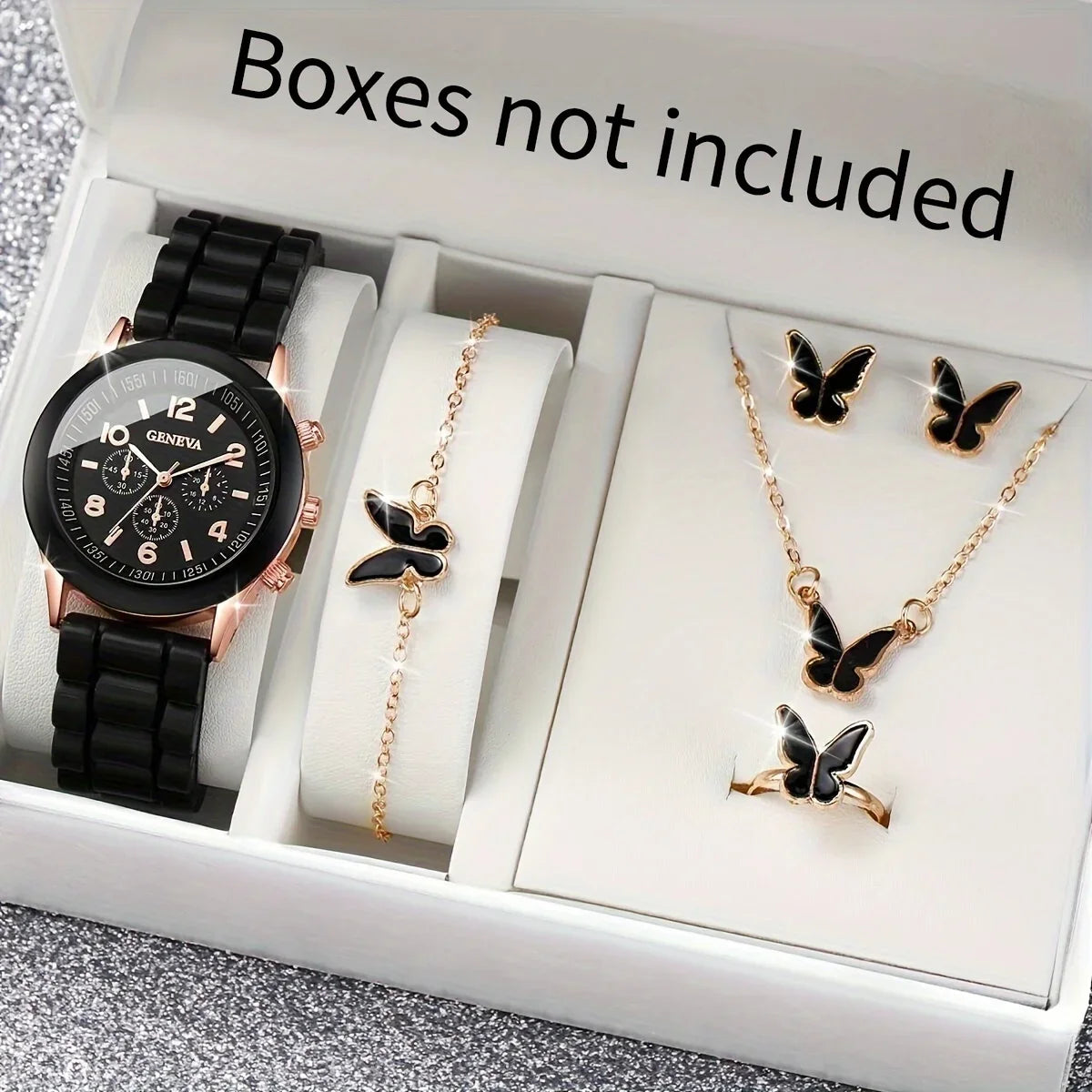 "Butterfly Charm" Elegant Women'S Watch & Jewelry Set - 6 Pieces, Quartz Movement, Silicone Band, Perfect Gift For Her