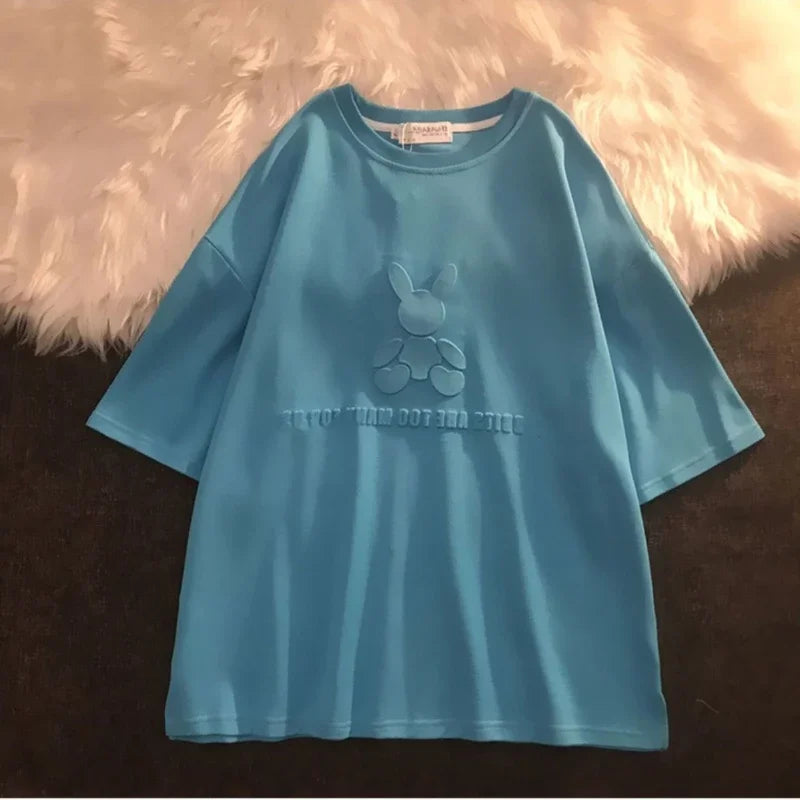 DAYIFUN Solid Half-sleeve T-shirts 2024 Summer New Blue Tshirts with Rabbit Women's Medium Length Short Sleeve Loose Top Tees