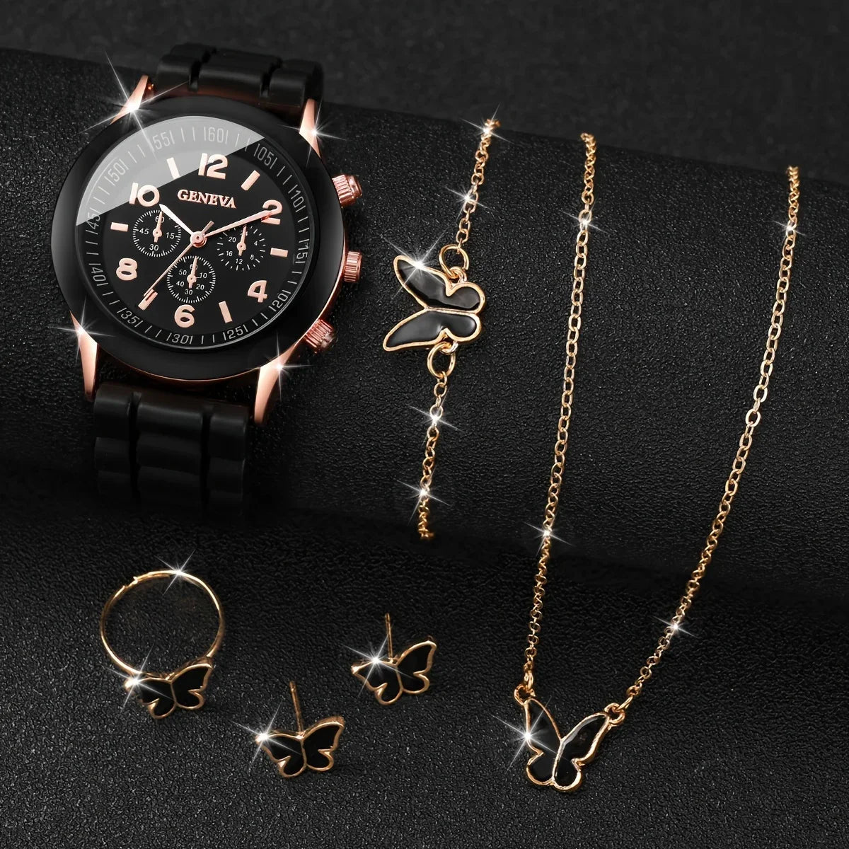 "Butterfly Charm" Elegant Women'S Watch & Jewelry Set - 6 Pieces, Quartz Movement, Silicone Band, Perfect Gift For Her