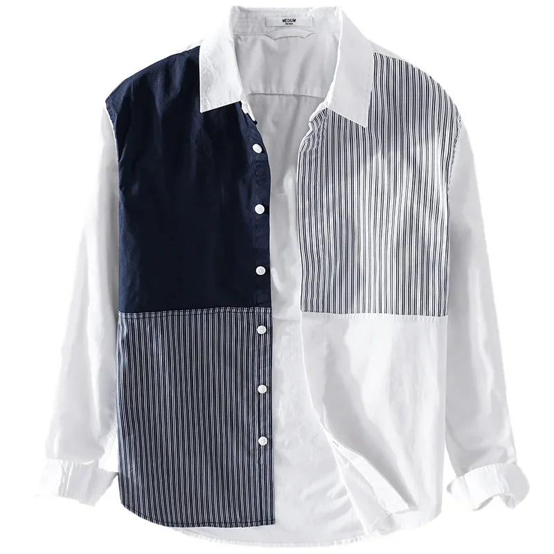 Men Clothing 2022 Men's Long-sleeved Shirt New Trendy Color Matching Cotton Shirt Casual Fashion Youth Striped Lapel Top