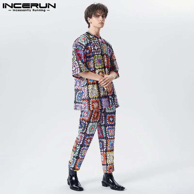 2023 Men Sets Printing Lace Transparent Oversize O-neck Half Sleeve T Shirt & Pants 2PCS Sexy Fashion Men's Casual Suits INCERUN