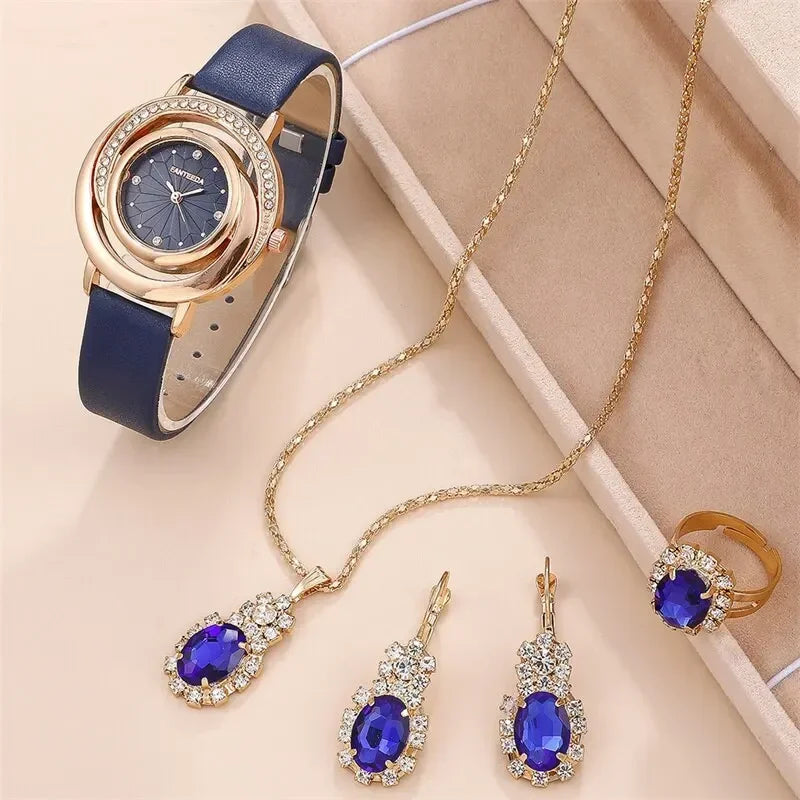 5pcs Dainty Quartz Watch With Jewelry Set Fashion Round Women Watch Rhinestone Necklace Earrings Ring Set