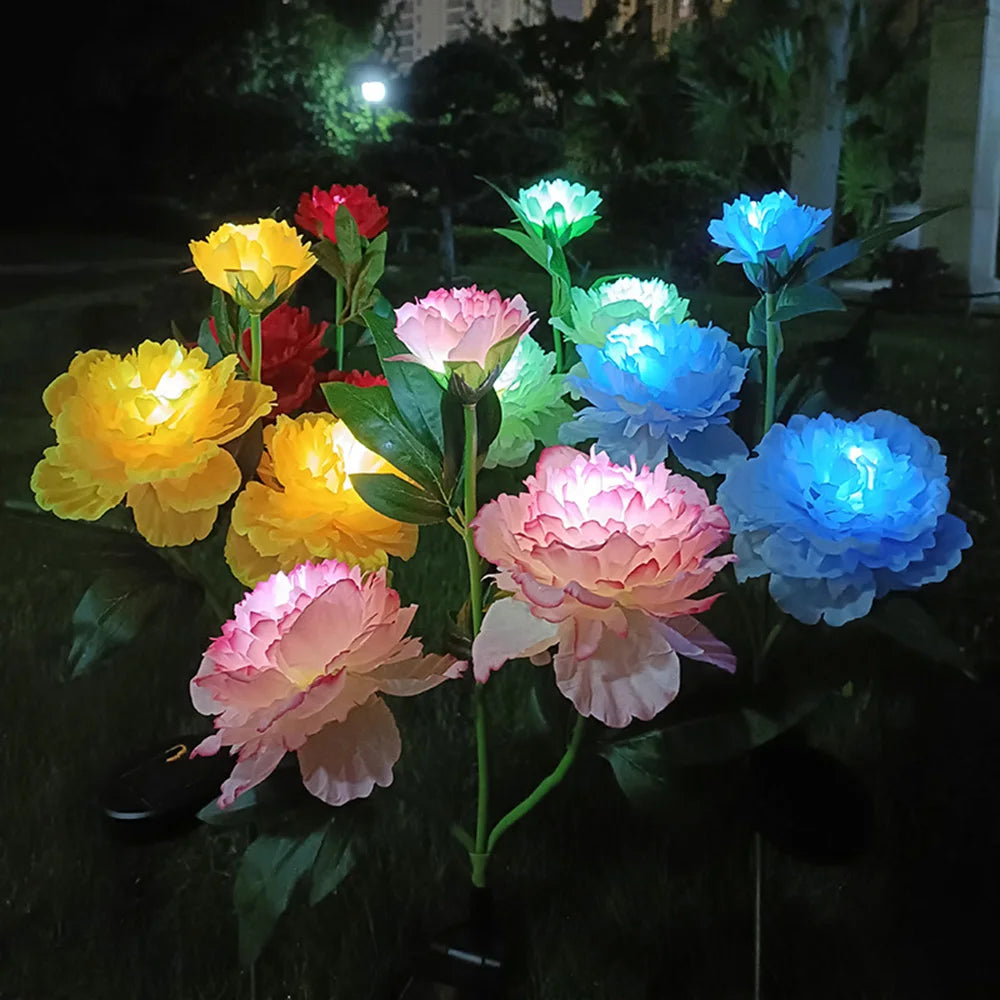 3 Heads Solar Lights Outdoor Decorative Solar Garden Lights Peony Flower Lawn Lamp for Yard Patio Garden Decoration