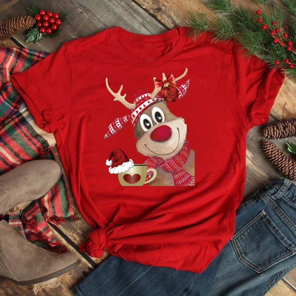 Merry Christmas Women's Fashion Tops Kawaii Santa Claus with Deer Women's O-Neck Tops T-shirts 90s Girls T-shirts Clothe