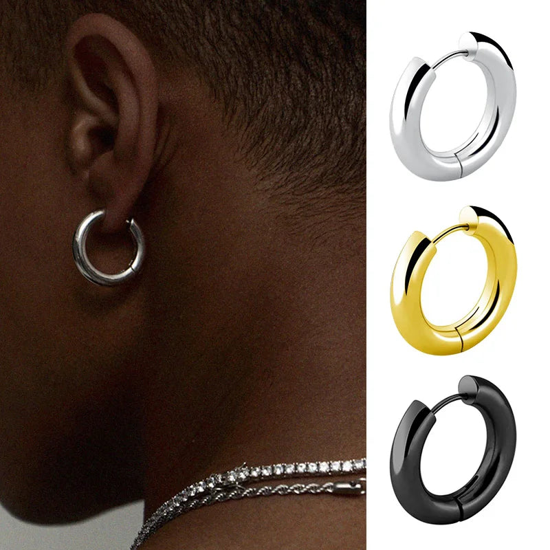 Men' s Earrings Stainless Steel Chunky Hoop Earrings For Man Round Circle Ear Hoops Punk Hip Hop Jewelry Couple Accessories