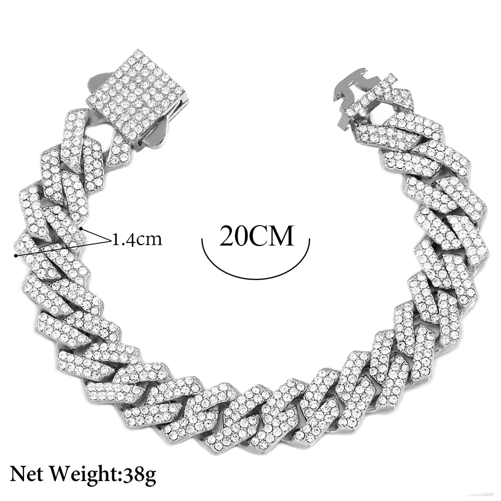 New Bling 14MM Cuban Link Chain Bracelet Men Women Hiphop Prong Rhombus Cuban Chain Bracelets Iced Out Jewelry Gifts