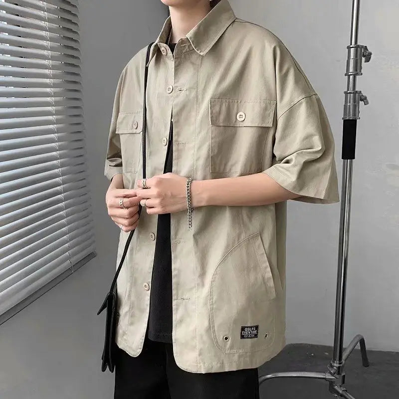 Elegant Fashion Shirts Loose Solid Patchwork Casual Turn-down Collar Short Sleeve Pockets Spring Summer Thin Men's Clothing 2023