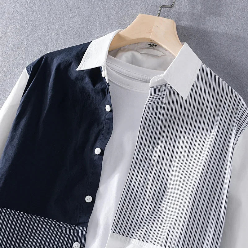 Men Clothing 2022 Men's Long-sleeved Shirt New Trendy Color Matching Cotton Shirt Casual Fashion Youth Striped Lapel Top