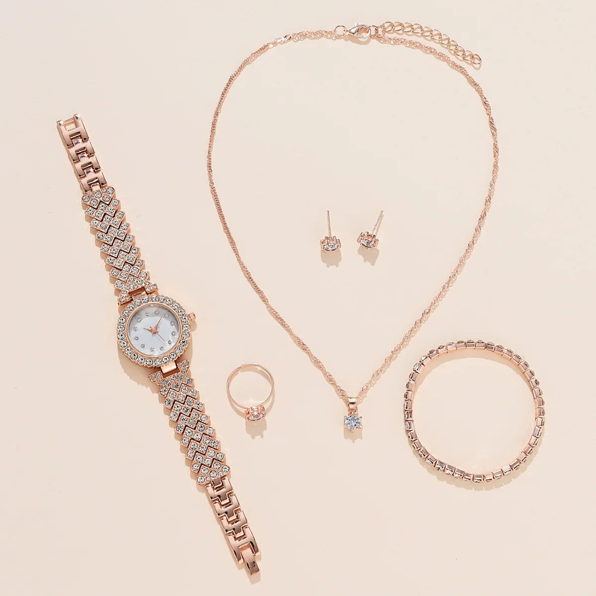 Women's Quartz Watch Silver Quartz Watch and Jewelry Set Necklace Ring Earrings Bracelet Set Quartz WristWatch No Box