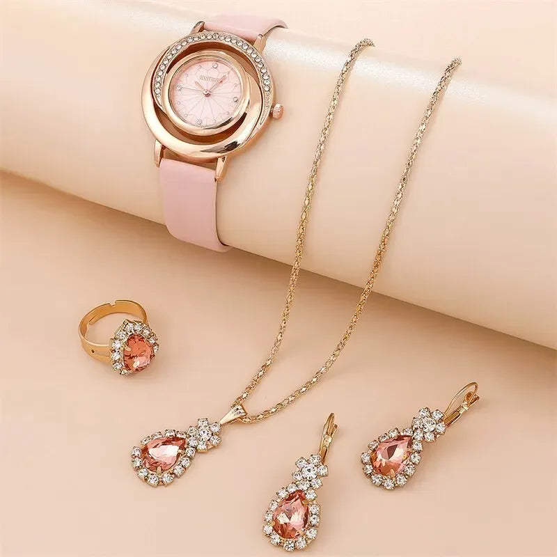 5pcs Dainty Quartz Watch With Jewelry Set Fashion Round Women Watch Rhinestone Necklace Earrings Ring Set