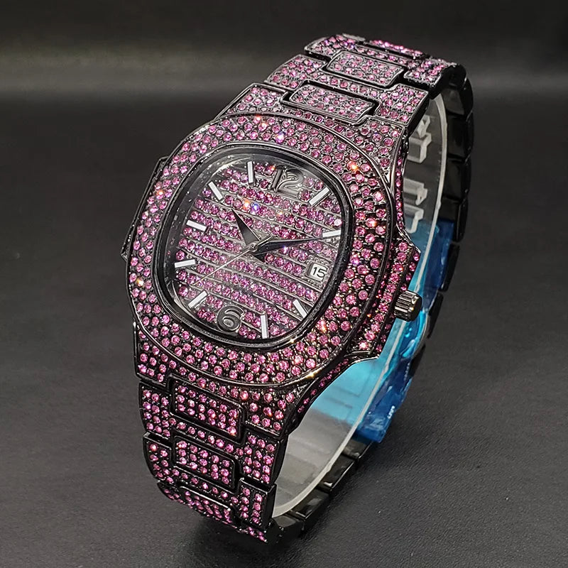 New Pink dDiamond Hip Hop Watch For Men Fashion Ice Out Party Jewelry Wristwatch Luxury Shiny Gem Accessories Watches Trendy 202