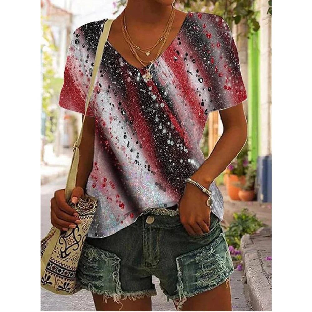 2023 Summer 5XL Women's T-Shirt Vintage Casual Black Fashion V Neck Pullover Short Sleeve Printed Loose Daily Tops Design Clothe