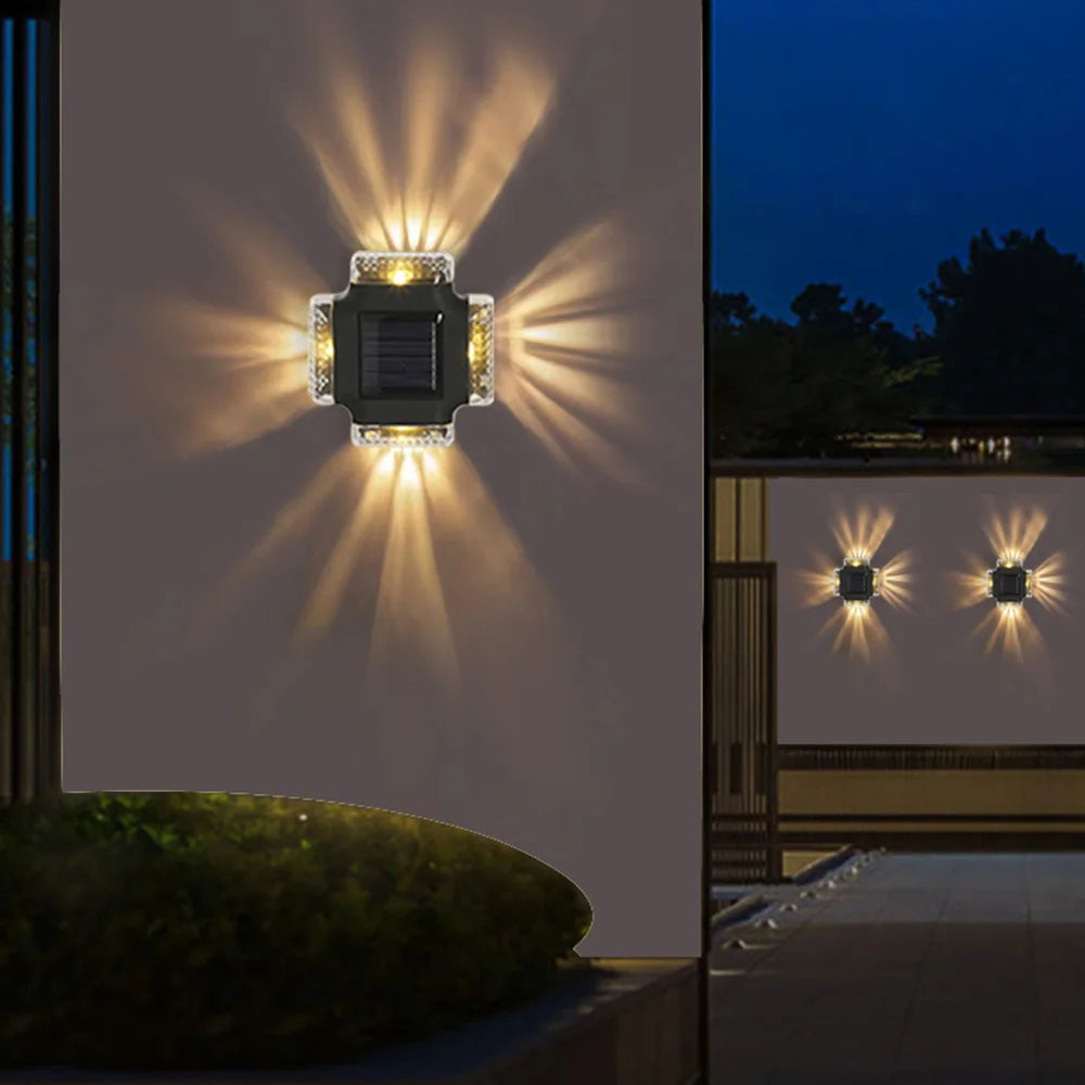 Waterproof LED Solar Lights Four-sided Spotlights Garden Patio Decorative Night Lights Outdoor Up Down Lighted Fence Decoration