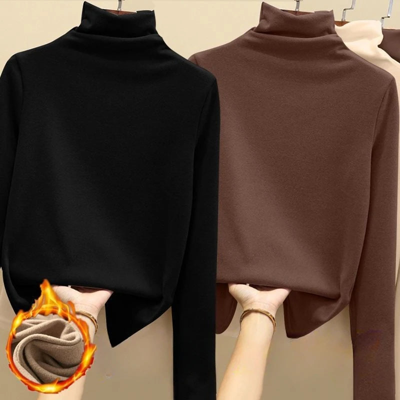 Golf Wear Luxury Clothing Thermal Fleece Undershirt Women's Turtleneck Solid Casual Thickened T-Shirt Classic Winter Warm Top