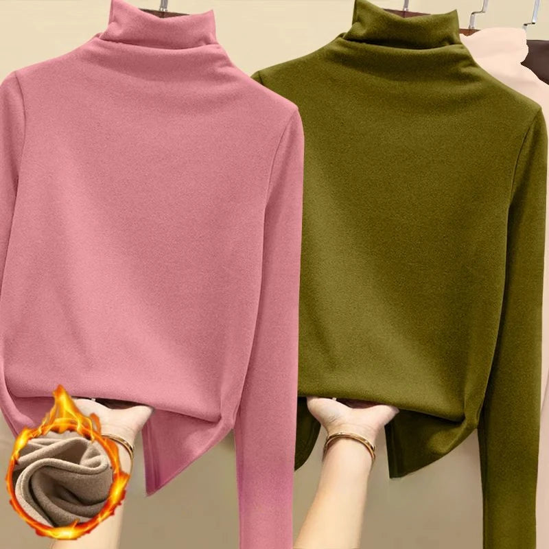 Golf Wear Luxury Clothing Thermal Fleece Undershirt Women's Turtleneck Solid Casual Thickened T-Shirt Classic Winter Warm Top