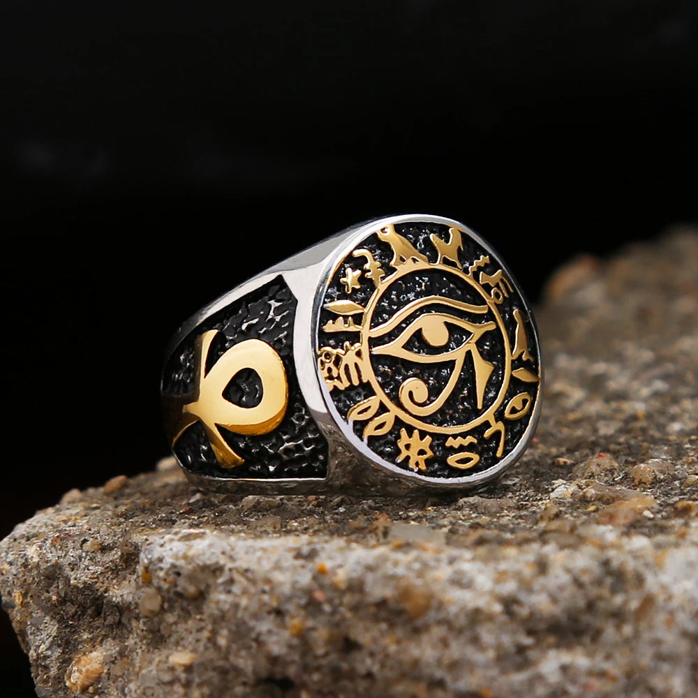 Egyptian Vintage Men Eye Of Horus Ring Fashion Stainless Steel Ankh Cross Ring Punk Biker Amulet Jewelry Gift Dropshipping