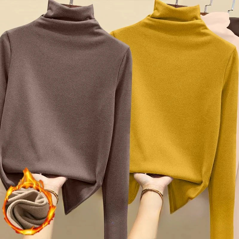 Golf Wear Luxury Clothing Thermal Fleece Undershirt Women's Turtleneck Solid Casual Thickened T-Shirt Classic Winter Warm Top