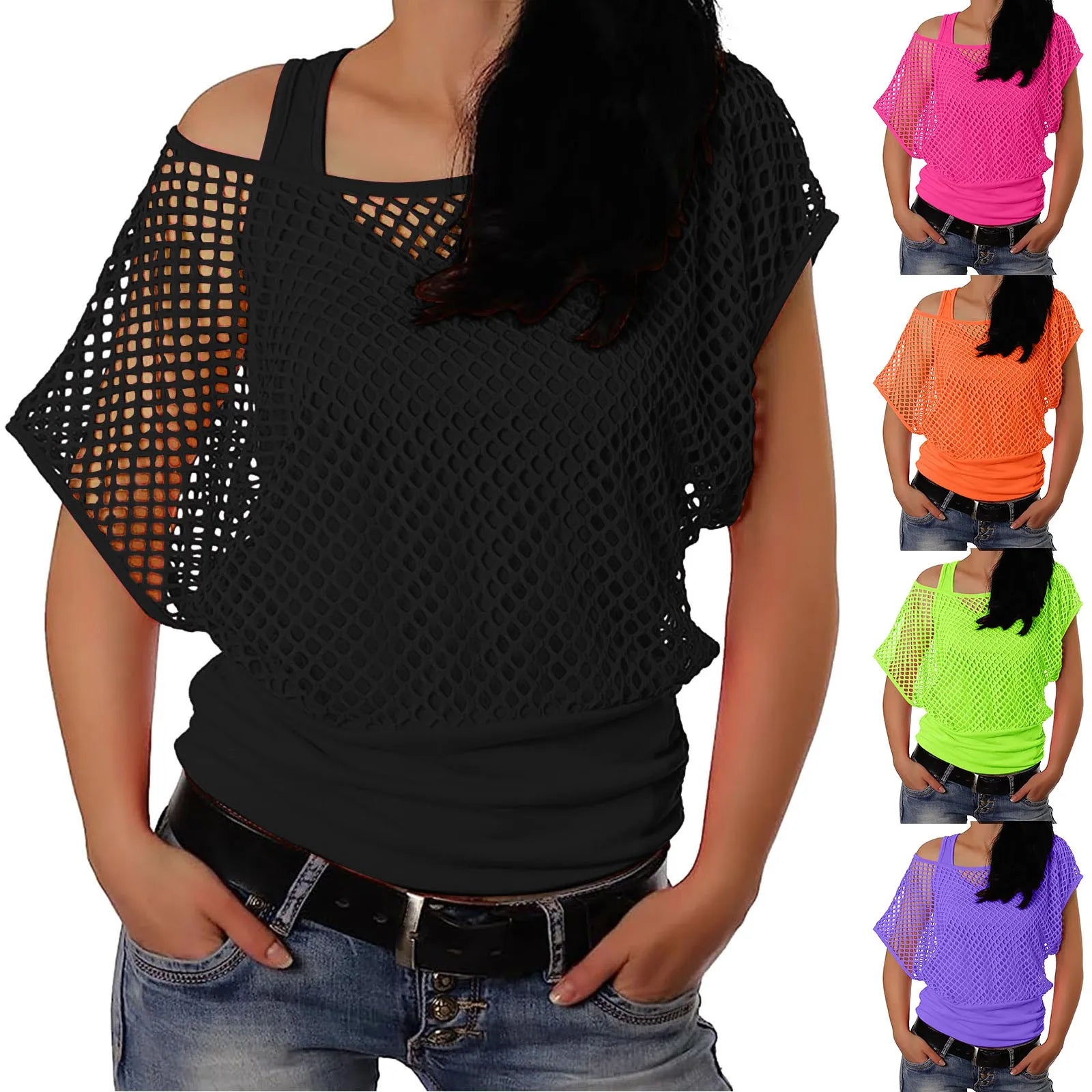 Fashion Women' Oversized T-shirt Solid Black White Fishnet Crop Top Sexy See Through Summer Woman Clothing Tees T Shirts