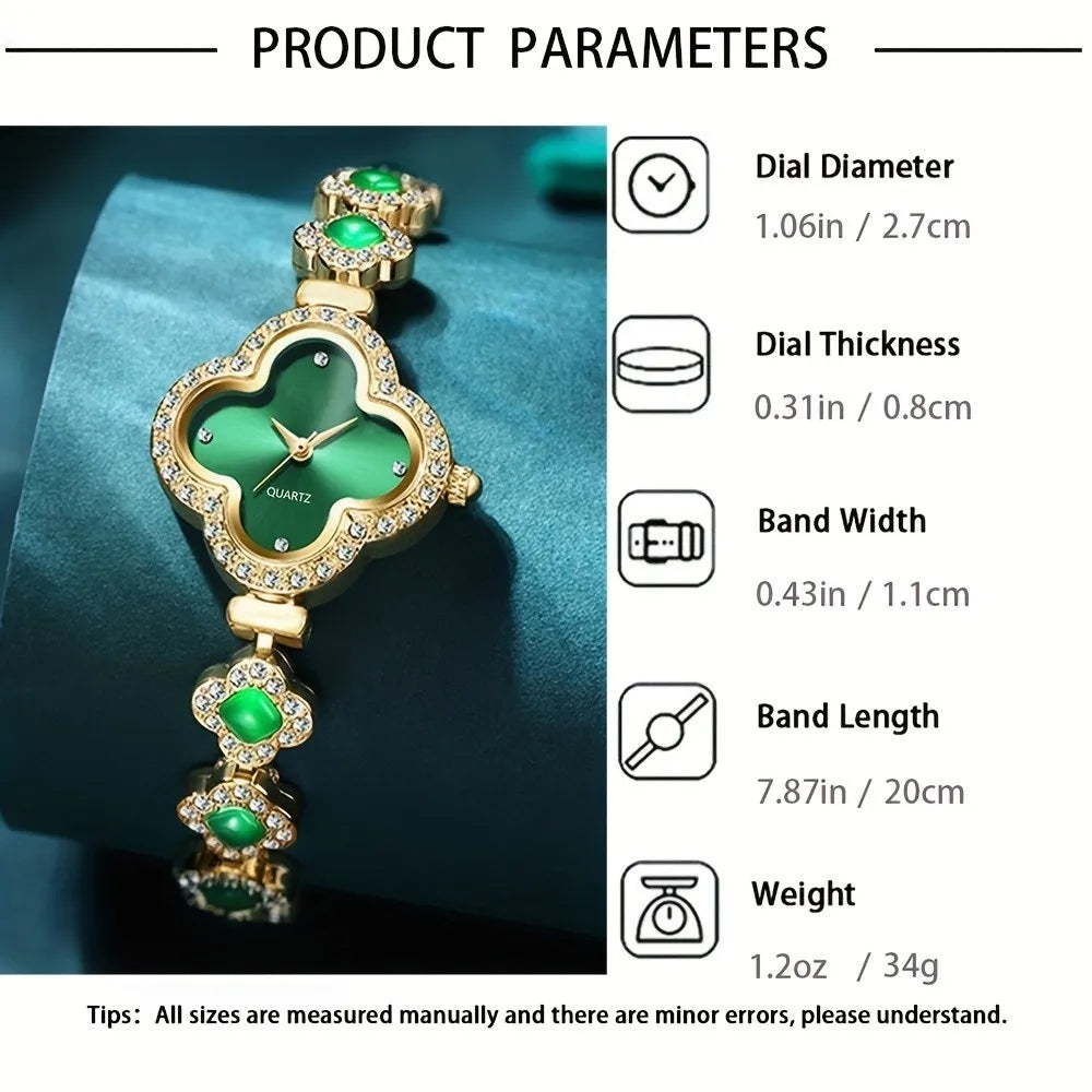 Kegllect Women's Watch Clover Pointer Quartz Watch Baroque Rhinestone Analog Wrist Watch & 4pcs Jewelry Set Gift for Mom Her