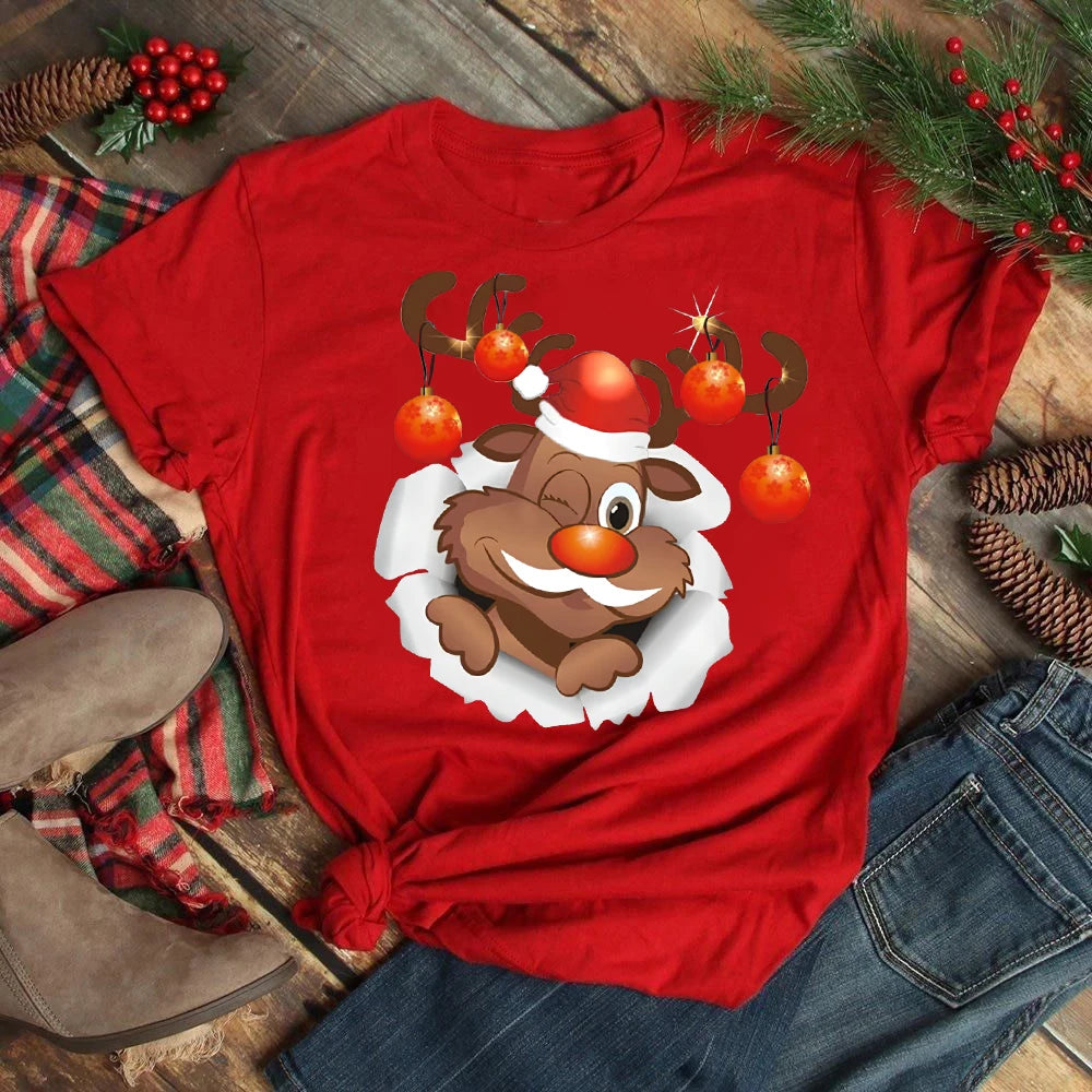 Merry Christmas Women's Fashion Tops Kawaii Santa Claus with Deer Women's O-Neck Tops T-shirts 90s Girls T-shirts Clothe