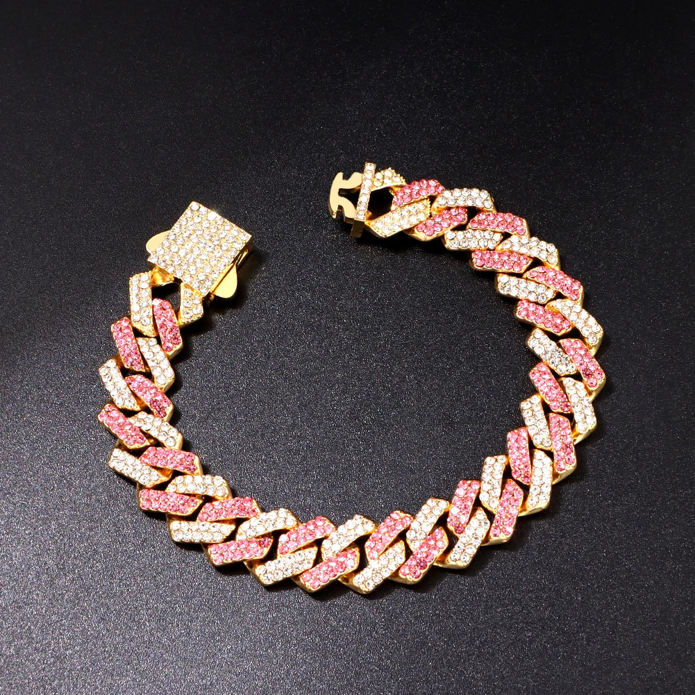 New Bling 14MM Cuban Link Chain Bracelet Men Women Hiphop Prong Rhombus Cuban Chain Bracelets Iced Out Jewelry Gifts