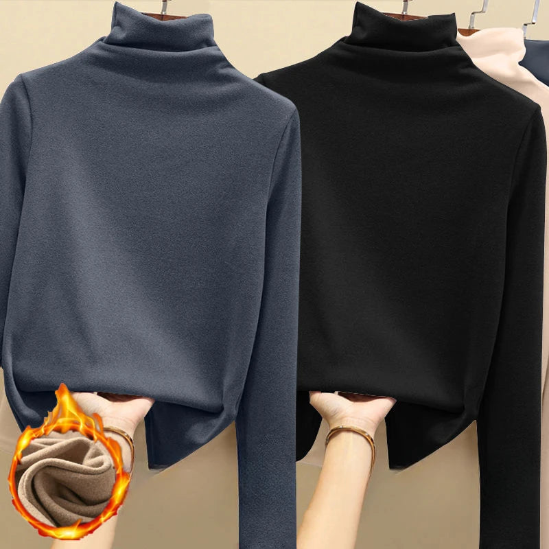 Golf Wear Luxury Clothing Thermal Fleece Undershirt Women's Turtleneck Solid Casual Thickened T-Shirt Classic Winter Warm Top